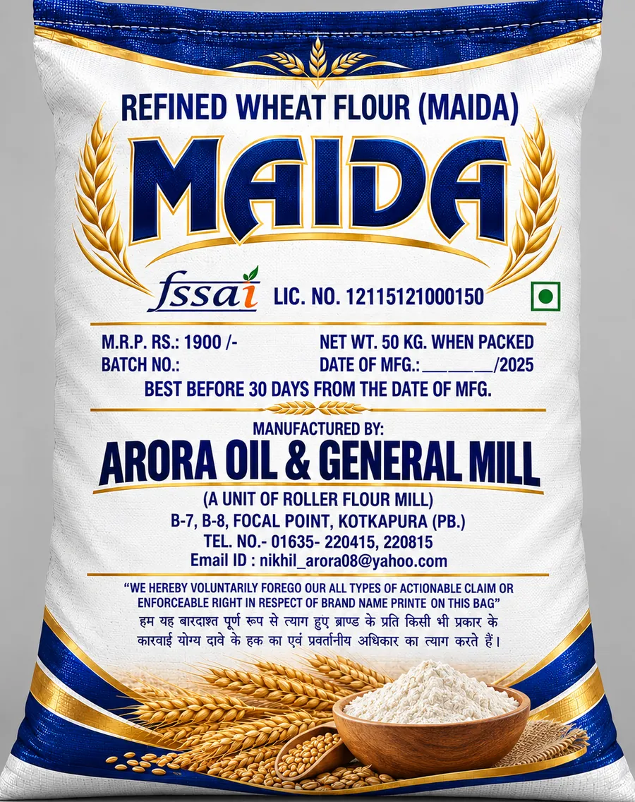 Refined wheat flour Maida 50 kg bag by Arora Oil & General Mill